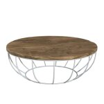 Macabane alida - table basse coque ronde 100x100cm plateau teck recycl� pi�tement m�tal blanc