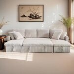 Mah� - canap� panoramique convertible 4 places en velours c�tel� avec coffre - beige