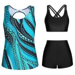 Maillot de bain femme 3 pi�cesmode maillot de bain femme shorty bikinis athl�tique imprim� floral - bleu ...
