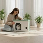 Maison chat plastique imperm�able int�rieur ext�rieur ? niche design vert blanc 54x41x38 cm lavable r�sistante ...