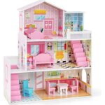 Costway maison de poup�e en bois 11 accessoires � 3 etages 60 x 25 x 70 cm cadeaux pour enfants 3 ans ...