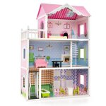 Maison de poupe - costway - 10 meubles  3 etages 80 x 33 x 114 cm cadeaux pour enfants 3 ans + rose ...