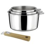 Malice - s�rie de 3 casseroles 16 / 18 / 20cm inox avec poign�e effet bois clair