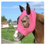 Masque anti - mouches pour cheval - protection uv - oreilles et nez - rose