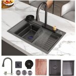 Meje Évier de cuisine en acier inoxydable 68x45 cm avec cascade intégrée et robinet extractible - grande ... Meje Évier de cuisine en acier inoxydable 68x45 cm avec cascade intégrée et robinet extractible - grande ...