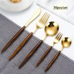 M�nag�re 30 pi�ces - annefly - acier inoxydable - manche en bois - couleur or - durable