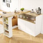 Merax buffet de cuisine - design blanc et bois naturel - table de bar mobile rotatif � 360� avec rangement ...
