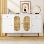 Merax buffet - design scandinave blanc et naturel - meuble de rangement 140 cm avec cannage rotin - 4 ...