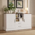 Merax buffet salon 140 x 40 x 795 cm blanc et bois avec 2 portes 2 tiroirs et niches ouvertes bahut moderne ...