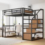 Merax cadre de lit 140x200 cm lit mezzanine m�tal avec bureau et �tag�res �chelle de s�curit� noir