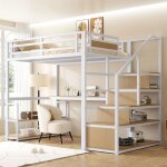 Merax lit mezzanine m�tal - blanc et bois naturel - 140x200 cm - avec bureau et �tag�res �chelle et cadre ...