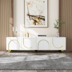 Merax meuble tv design luxe avec portes textur�es poign�es et pieds dor�s armoire tv blanc