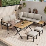 Merax salon de jardin - 4 pi�ces - canap� d?angle - 2 poufs - table repas plateau effet bois - mobilier ...