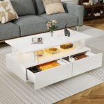 Merax table basse led avec 2 tiroirs de rangement pour salon 100�50�42 cm blanc