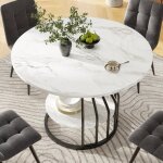 Merax table � manger ronde 80�80�76cm effet marbre blanc avec �tag�re structure m�tal noir pour 4 personnes ...
