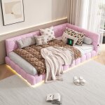 M�ridienne canap� lit 90x200cm tissu polaire rose �clairage rgb 16 couleurs ports usb - c et sommier ...