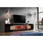 Meuble banc tv merano version 2 komodee - avec eclairage led rgb - bois naturel et noir - 230 x 53 x ...