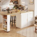Meuble bar de cuisine - 3 tiroirs placard et �tag�res r�glables - blanc effet bois - table haute avec ...