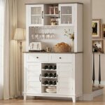 Meuble bar style ferme - lunsy - blanc - 378x1029x1829 cm - 4 portes dont 2 vitr�es - 2 tiroirs - casier ...