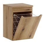 Meuble bas de salle de bain 40 cm avec panier � linge et plan nova ch�ne coast evoke