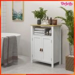 Meuble bas de salle de bain - akozon - 8619 - blanc / naturel - niche + placard 2 portes - plateau effet ...