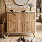 Meuble � chaussures 105cm - 4 portes � clapet - plateau effet marbre - design scandinave vintage - pieds ...