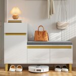 Meuble � chaussures 120 x 35 x 85 cm pour entr�e banc rembourr� 1 tiroir + portes mdf blanc laqu�