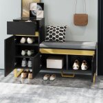 Meuble � chaussures 120x35x85 cm avec tiroir et banc si�ge rangements multiple pieds dor� mdf noir