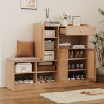 Meuble � chaussures 142x35x110 avec banquette rembourr�e 3 portes en rotin tress� 1 tiroir. meuble de ...