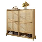 Meuble � chaussures 4 portes rotin et m�tal ch�ne clair �tag�re sup�rieure rangement organis� 108. 5x24x100 ...