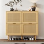 Meuble � chaussures avec 4 tiroirs rabattables 140x25x90cm en rotin avec poign�es style maison de campagne ...