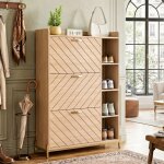 Meuble � chaussures 90cm - 3 portes � clapet - gain de place ultra - mince - �tag�res ouvertes - pieds ...