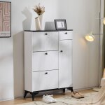 Meuble � chaussures 90x121x25 cm avec 3 portes abattantes rangement multifonction pieds m�tal bois blanc ...
