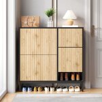 Meuble � chaussures abattant - noir et bois - avec banc escamotable ? meuble entr�e gain de place avec ...
