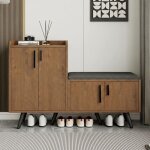 Meuble � chaussures avec banc - langtu - 120x34x82 cm - 4 portes - aspect bois - coussin tissu - anti ...