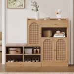 Meuble � chaussures avec banquette et portes en rotin - 4 �tag�res ouvertes - capacit� 15 - 20 paires ...