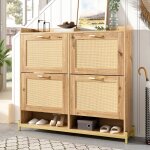 Meuble � chaussures en bois avec portes en rotin - 4 portes structure m�tal et �tag�re haute - organisation ...