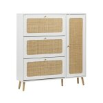 Meuble  chaussure cannage bohme blanc. 3 tiroirs. 1 porte. 21 paires. 120 x 24 x 125 cm