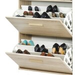 Meuble � chaussures ch�ne vintage - rideau blanc - l 75. 2 x l 30. 6 x h 143. 1 cm