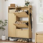 Meuble � chaussures - commode � chaussures - avec 3 couvercles en osier - armoire � chaussures haute ...