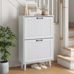 Meuble � chaussures - dreammespace - 60x24x94cm - 2 tiroirs en rotin - design rainur� - blanc