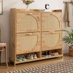 Meuble � chaussures �l�gant en bois avec portes en rotin - 4 portes cadre m�tal et �tag�re haute - rangement ...