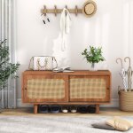 Meuble � chaussures dentr�e - 2 portes et �tag�res r�glables - d�cor bois et cannage naturel - banc � ...