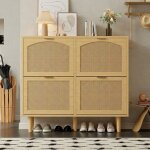 Meuble � chaussures - langtu - rotin 4 abattants - slim 100x25x90 cm - aspect ch�ne - pieds bois massif ...