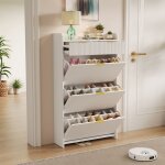 Meuble � chaussures moderne blanc avec rangement 4 tiroirs + espace de pr�sentation design minimaliste ...