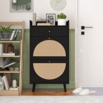 Meuble � chaussures noir 60 cm rattan 2 portes + 1 tiroir ? �tag�res doubles amovibles sans fond pieds ...