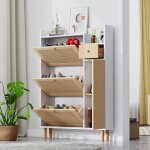 Meuble � chaussures avec portes basculant rangement compact mdf couleur naturelle blanc 90 � 17 � 125 ...