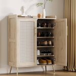 Meuble � chaussures en rotin - lunsy - 79x35x103 cm - beige - rotin tress� naturel - 5 niveaux - 12 � ...