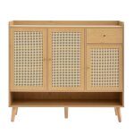 Meuble � chaussures rotin naturel 120x106x35cm - 3 portes tiroir 5 �tageres - poign�e m�tal et pieds ...