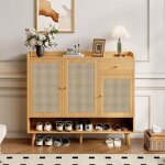 Meuble � chaussures en rotin naturel avec 3 portes et 1 tiroir ? armoire � chaussures avec �tag�res et ...